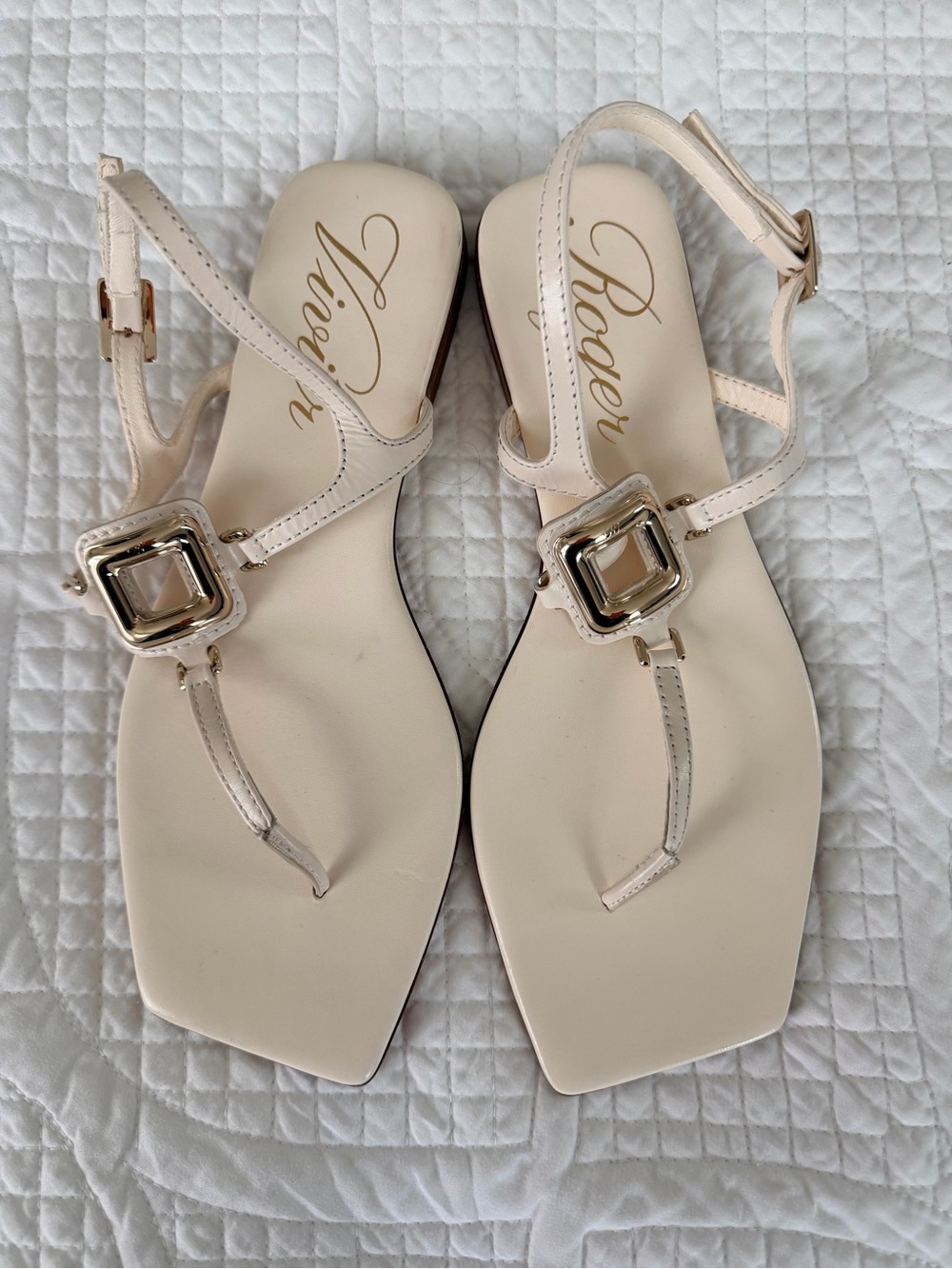 Roger Vivier Ivory Leather T-Strap Sandals with Gold Buckles